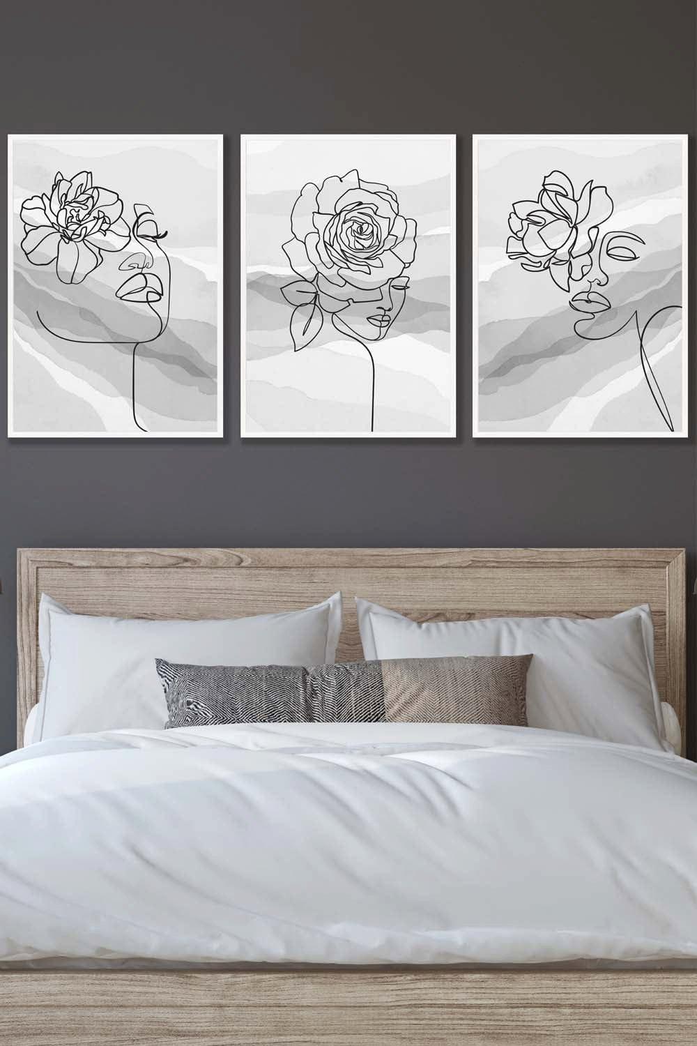 Set of 3 White Framed Female Line Art Floral Faces on Grey Wall Art